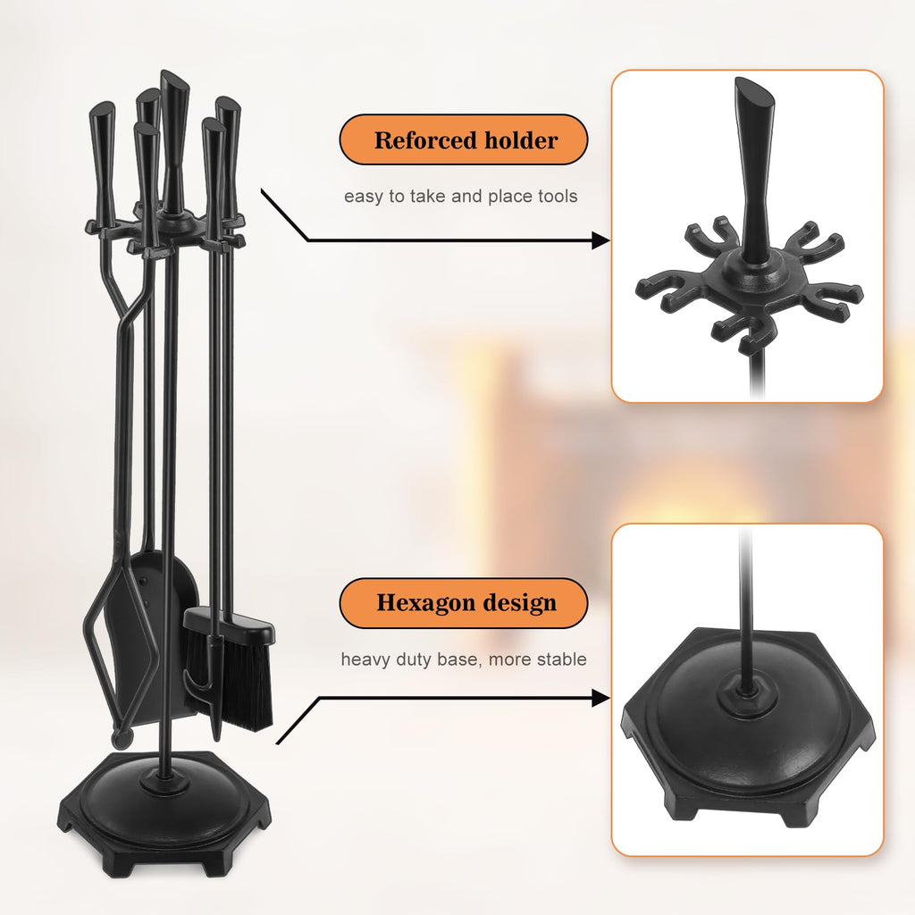 5 Pcs Fireplace Tools Set 32" Black Wrought Iron Large Fire Tool Set for Outdoor/Indoor Include Chimney Poker, Rustic