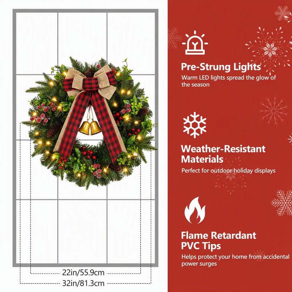 22" Pre-Lit Christmas Wreath with Lights for Front Door, Holiday Decoration