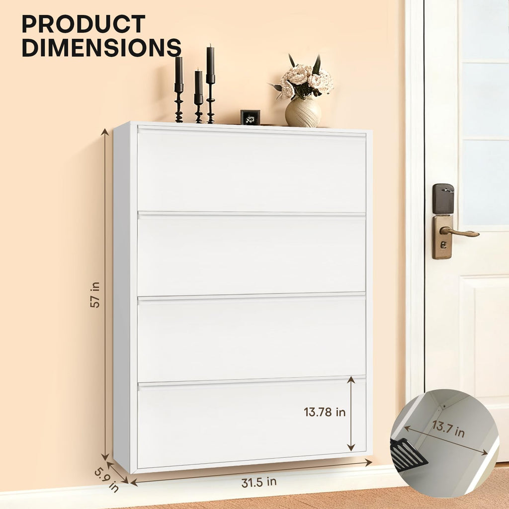 Shoe Storage Cabinet with 4 Flip Drawers, Hidden Slim Narrow Shoe Rack Cabinet, Wall Mount Metal Shoe Cabinet, White