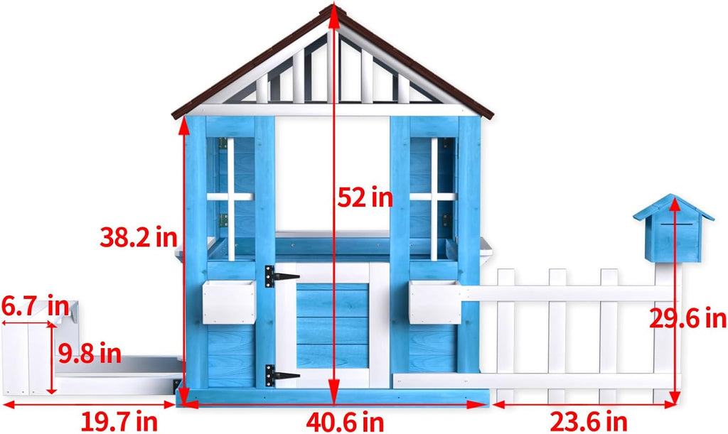 Playhouse foe 3-6 Ages Boys Girls, Wooden Playhouse with Bench Fence Windows Flowerpot Holders & Snack Window, Solid
