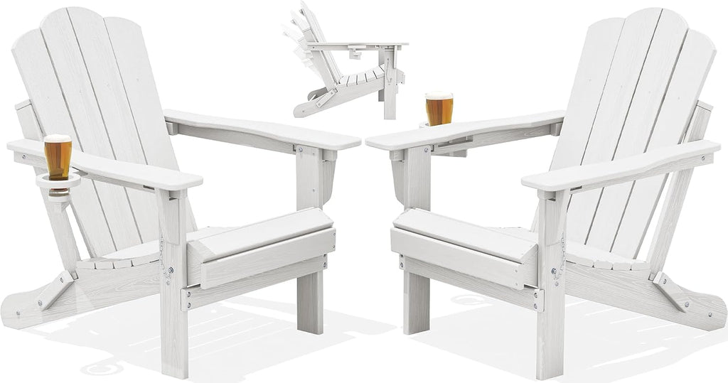 Adjustable Adirondack Chairs Set of 2, Folding Outdoor Chair, White | | with Cup Holder | Reclining 3-Position