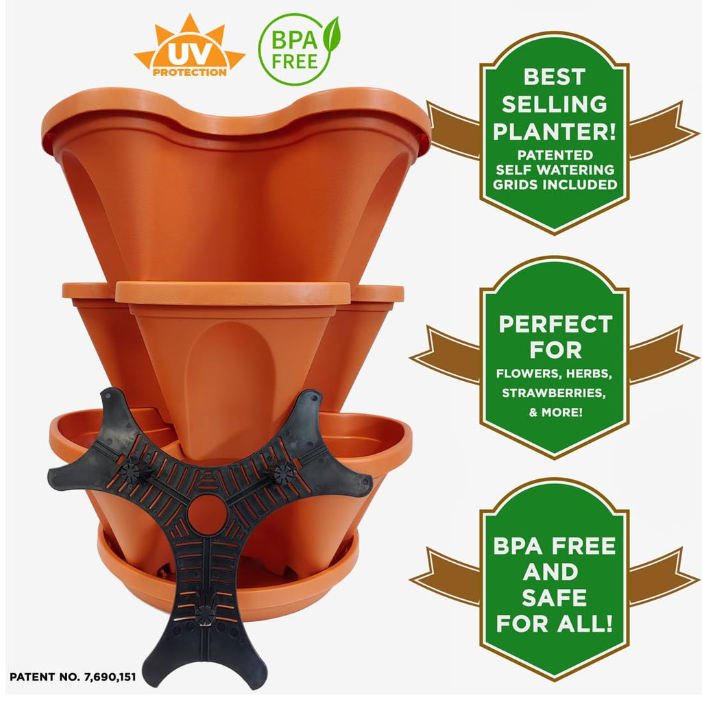 3 Tier Stacking Planter-Flower, Herb, Stackable Garden, Vegetable-Self-Watering-Indoor/Outdoor (Terracotta)