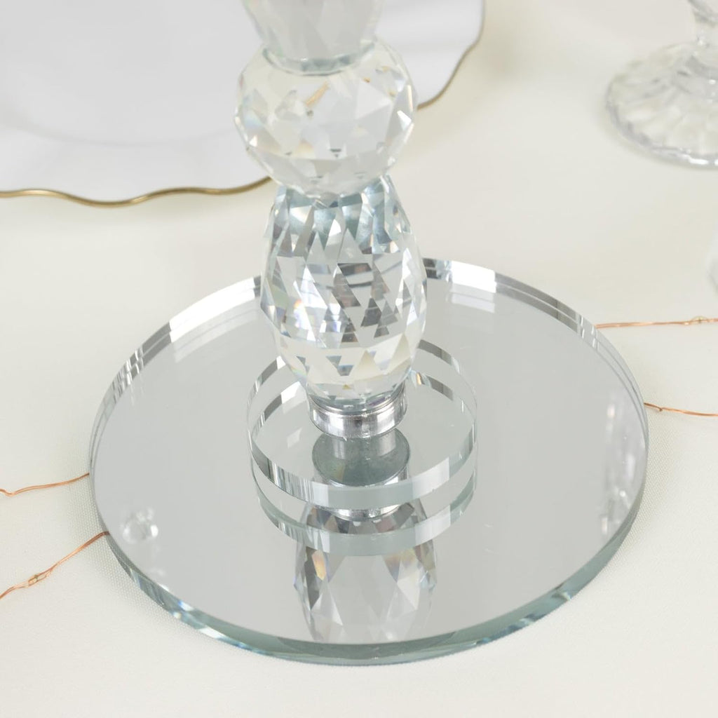 Crystal 5-Arm Candelabra Taper Candle Holder with Hanging Prisms & Round Mirror Base - Faceted Cut Glass Design - 14"