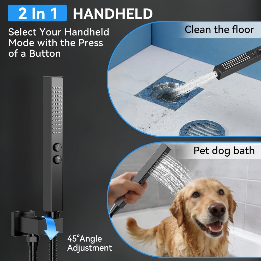 Thermostatic Shower System with Body Jets, 12" Rain Shower with 2 in 1 Handheld, Can Use All at Once, Push Button