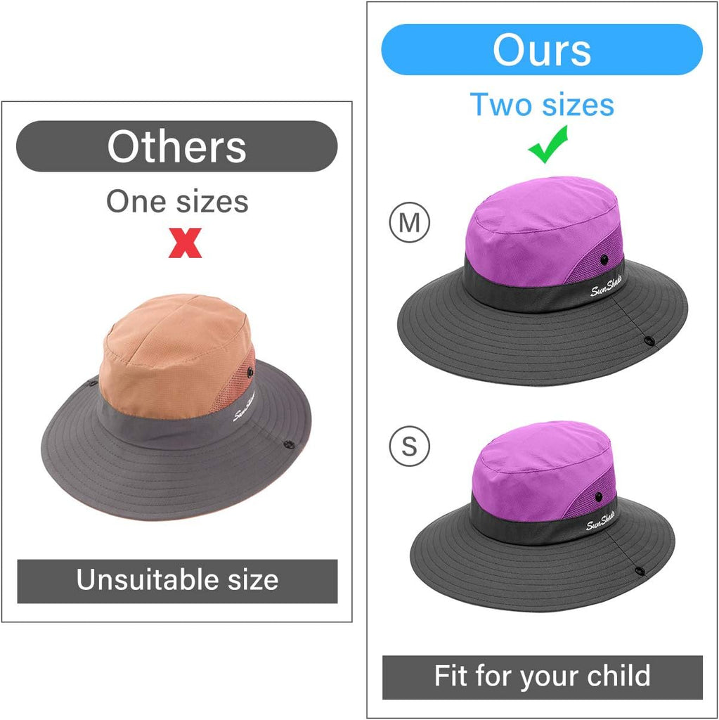 Kids Ponytail Sun Hat Wide Brim UV Protection for Girls Beach Bucket Cap
