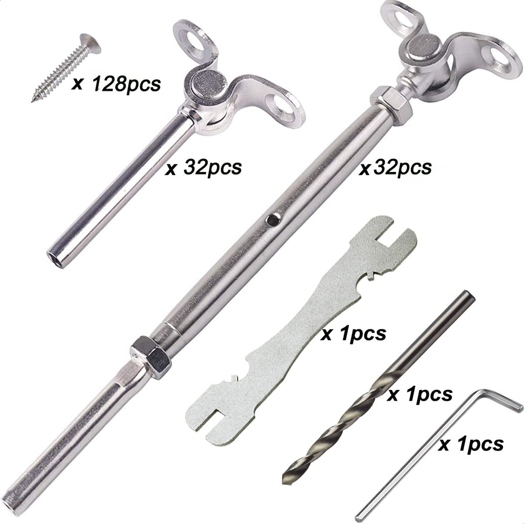 T316 Marine Grade Stainless Steel Cable Railing Hardware Kit for 1/8 Inch Cable Railing System, 32 Pairs, Adjustable