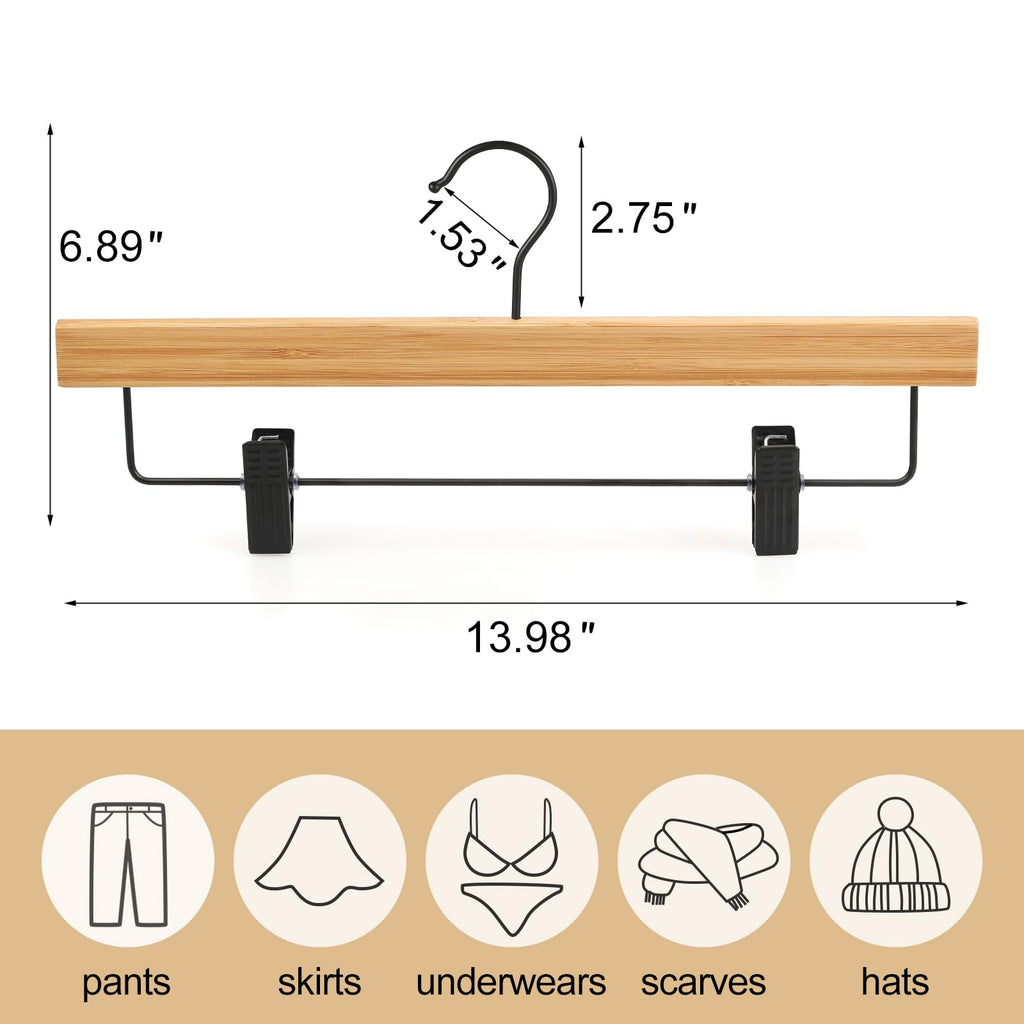 Pants Hangers 20 Pack, Bamboo Clothes Hangers with Black Clips and Rotatable Hook, Durable Natural Wooden Hangers for