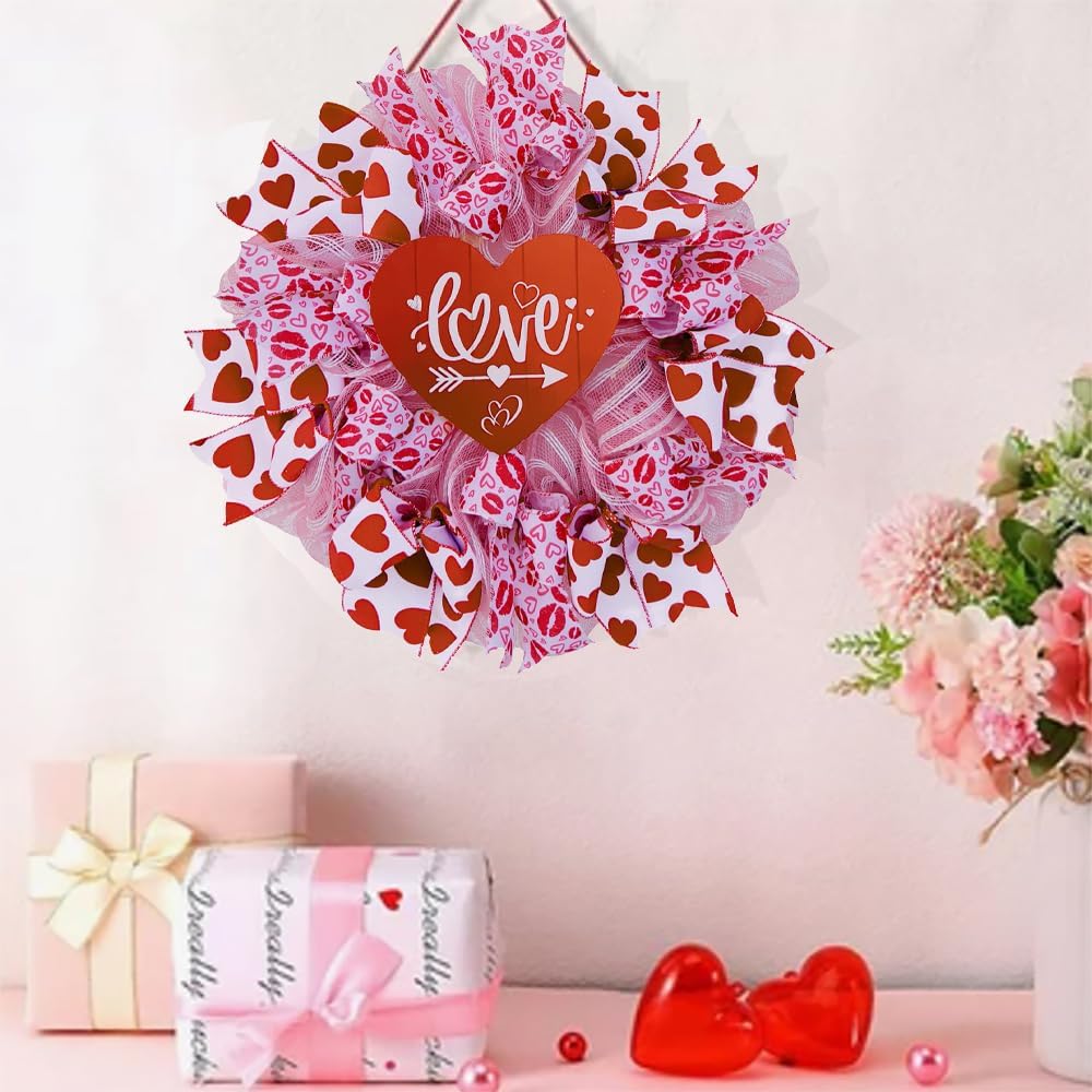 Valentine's Day Heart Wreath - 18in, Red & Pink Bow, Outdoor/Indoor Decor
