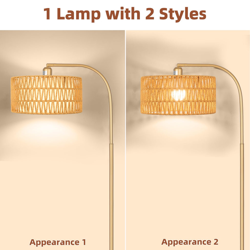 Gold Floor Lamps, Boho Floor Lamp for Room, Farmhouse Rattan Standing Lamps