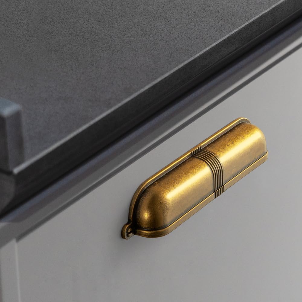 6 Pack 5 Inch Antique Brass Cup Pulls with Textured Strap Design, Elegant Vintage Bin Handles & Furniture