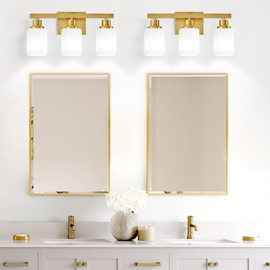 Bathroom Vanity Light, 3-Light Gold Modern Bathroom Light Fixtures with Square Frosted Glass, Gold Wall Lamp Sconces