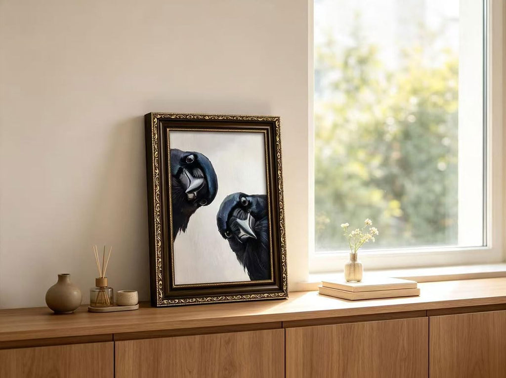 Vintage Gold Framed Crow Wall Art, Whimsical Bird Portrait Canvas Prints