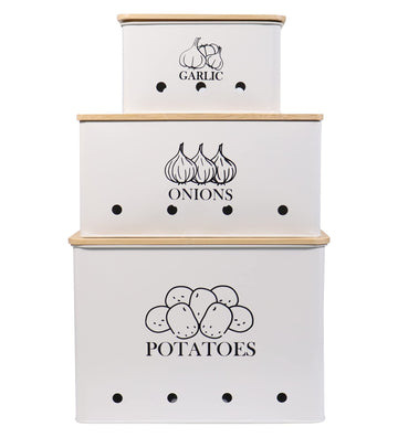 Kitchen Vegetable Storage Tins Set of 3 for Potato Onion & Garlic with Wooden Lid and Aerating Holes, Kitchen Storage