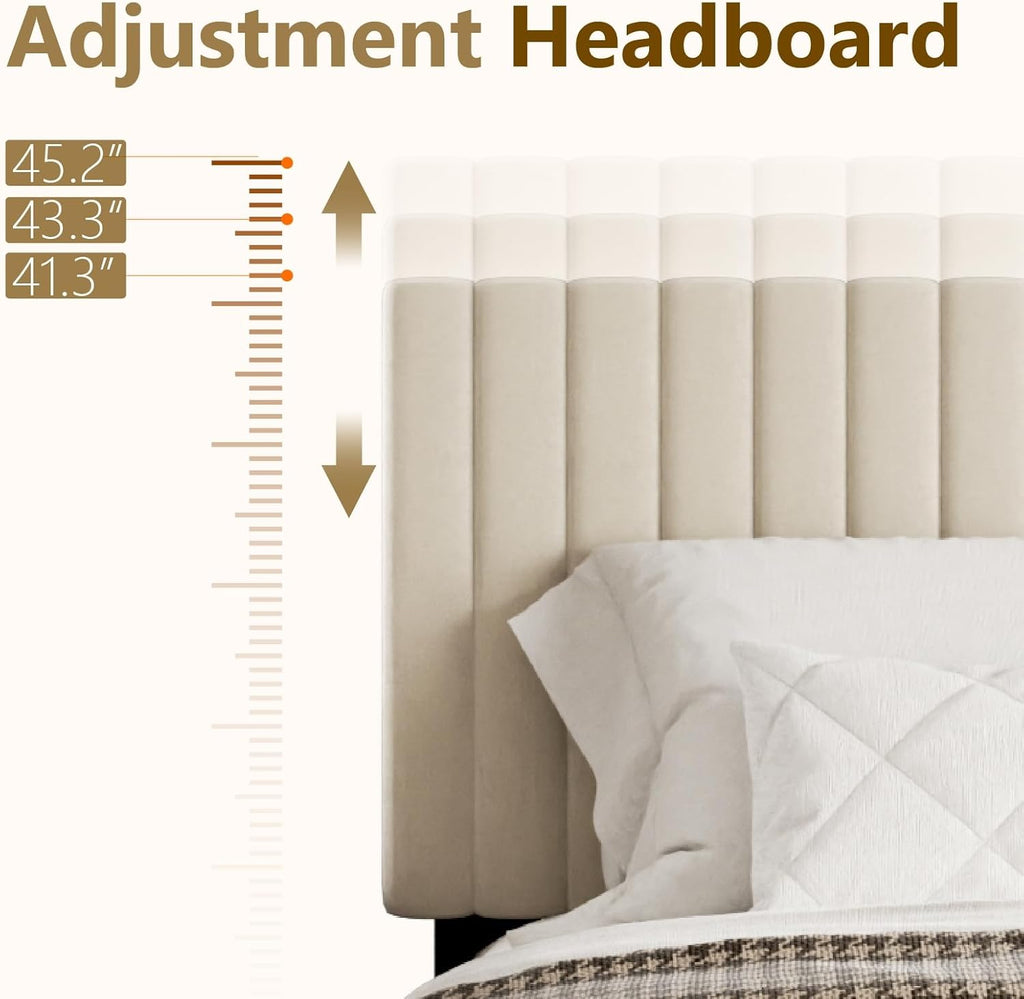 King Bed Frame with Velvet Upholstered Headboard, Platform Bed with Strong Wood Slats, Mattress Foundation