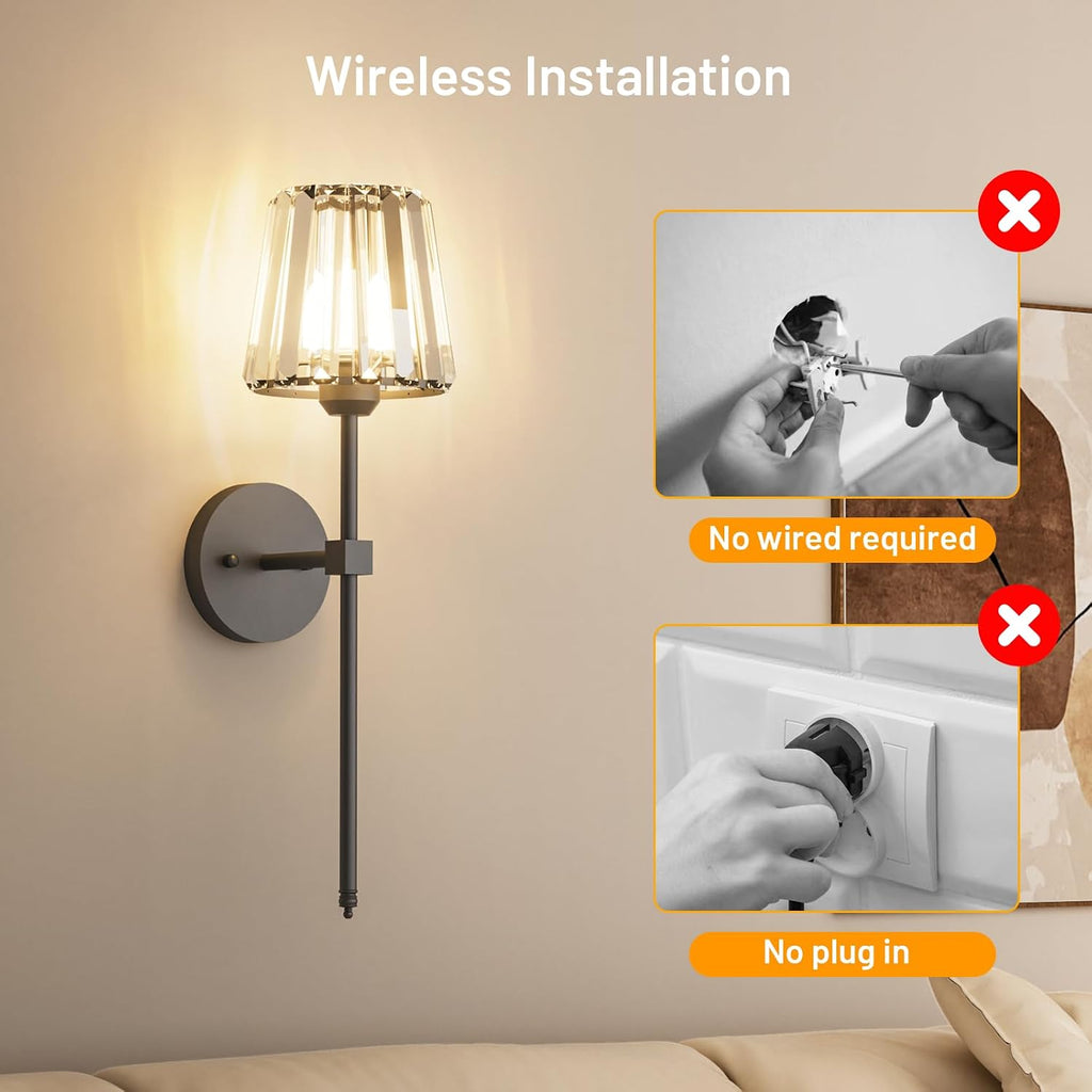 Crystal Battery Operated Wall Sconces Set of 2, Black Rechargeable Wireless Wall Sconce Lights with Crystal