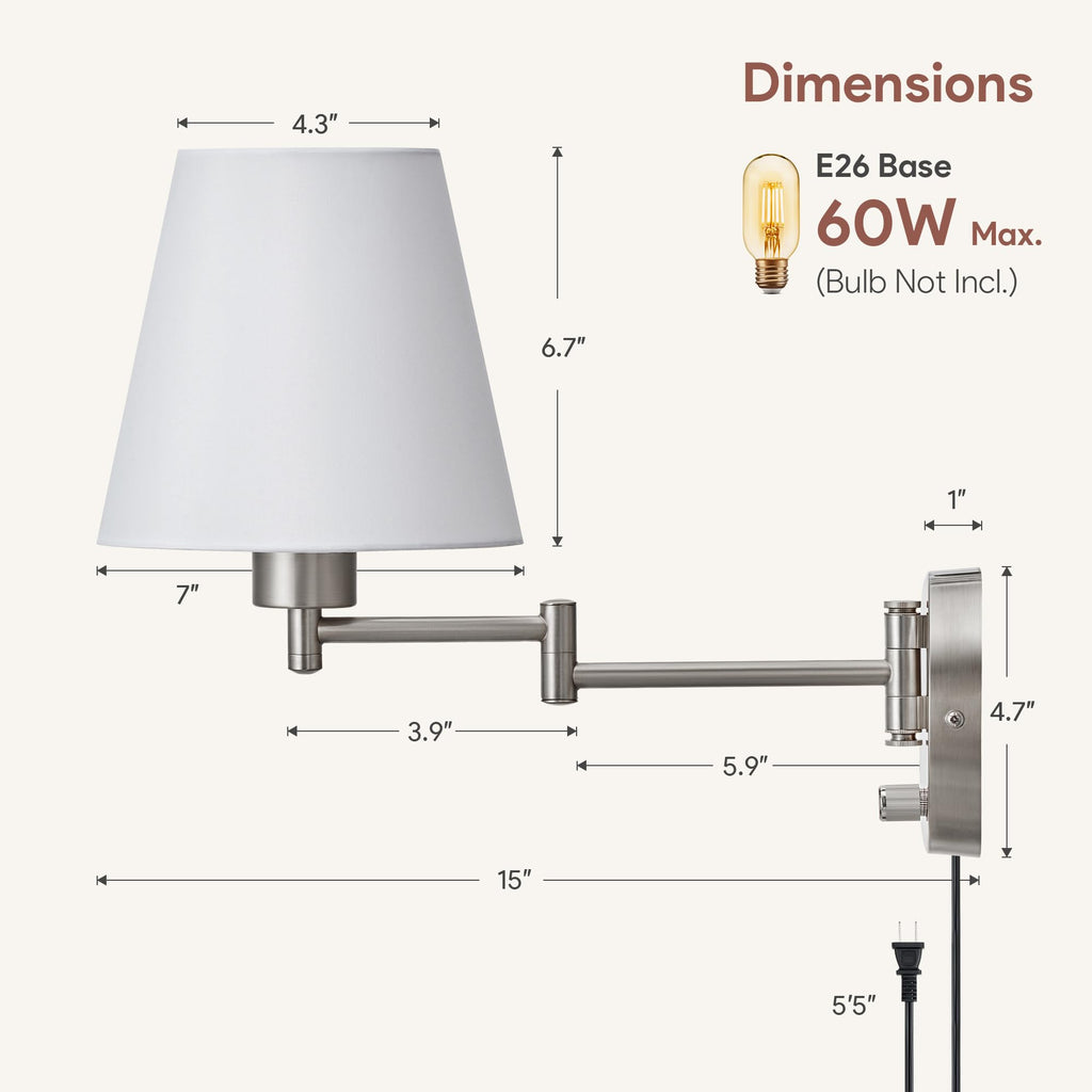 Wall Lamp, Plug in & Swing Arm Wall Sconce, Nickel Finish