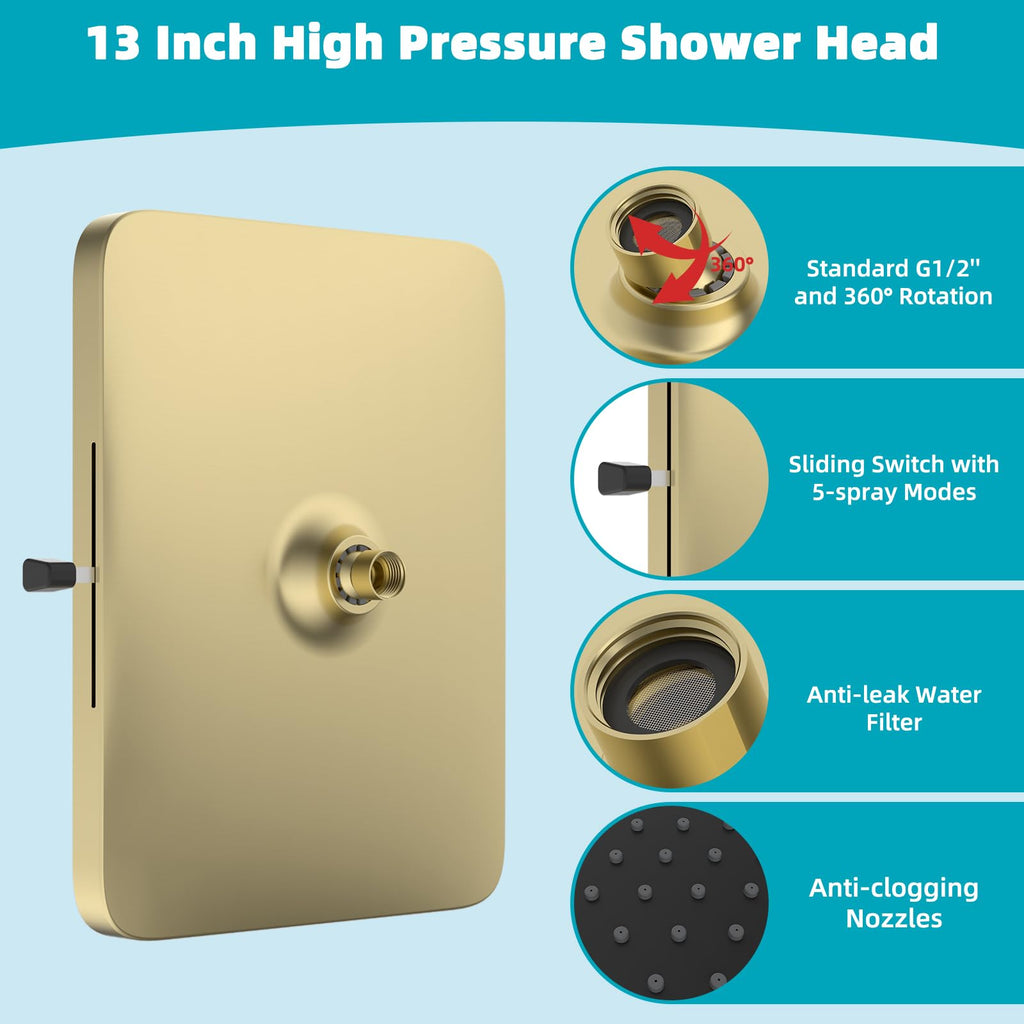 5 Spray Modes Shower Head, 13'' High Pressure Rain Shower Head, Large Rainfall Showerhead, High Flow Waterfall Fixed