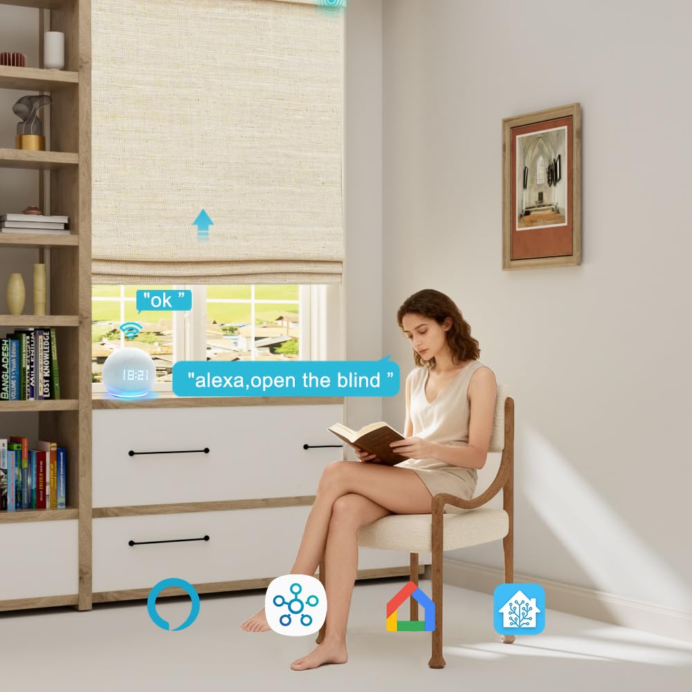 Motorized Bamboo Roman Blinds with Remote, Woven Roman Shades Compatible with Alexa Google Home, Automatic Bamboo