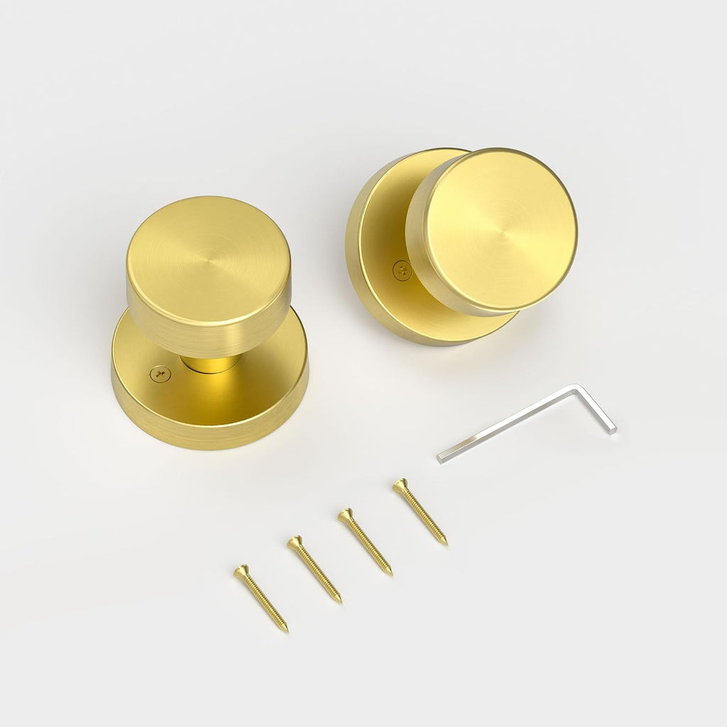 2 Pack Gold Dummy Door Knob Satin Brass Dummy Door Knobs Interior, Round Modern Door Knob Brushed Gold Dummy Door