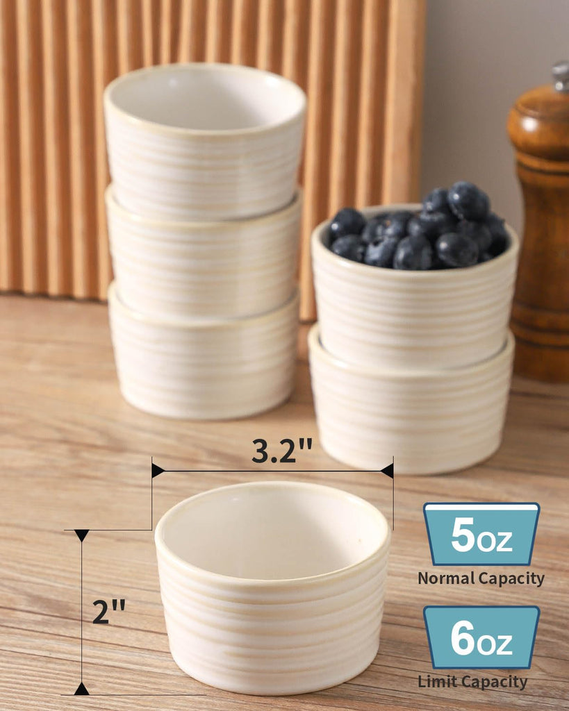 6 oz, Ceramic Creme Brulee Oven Safe, Rustic Souffle Custard Cups for Baking, Dipping, Sauce, Desserts, Ice Cream