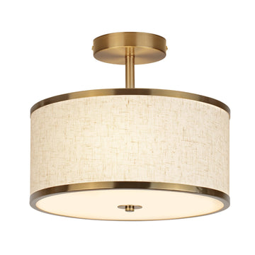 12.6 Inch Semi Flush Mount Ceiling Light, 3-Light Drum Lamp with Gold Brass Finish and Beige Shade, Ideal, and Foyer