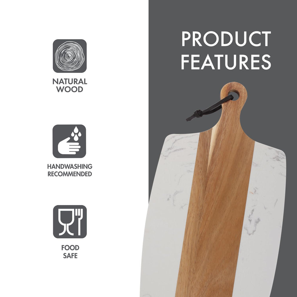 White Marble and Acacia Wood Charcuterie Board - 15.75 x 8.5 Serving Platter - Cheese, Meat & Appetizer Tray