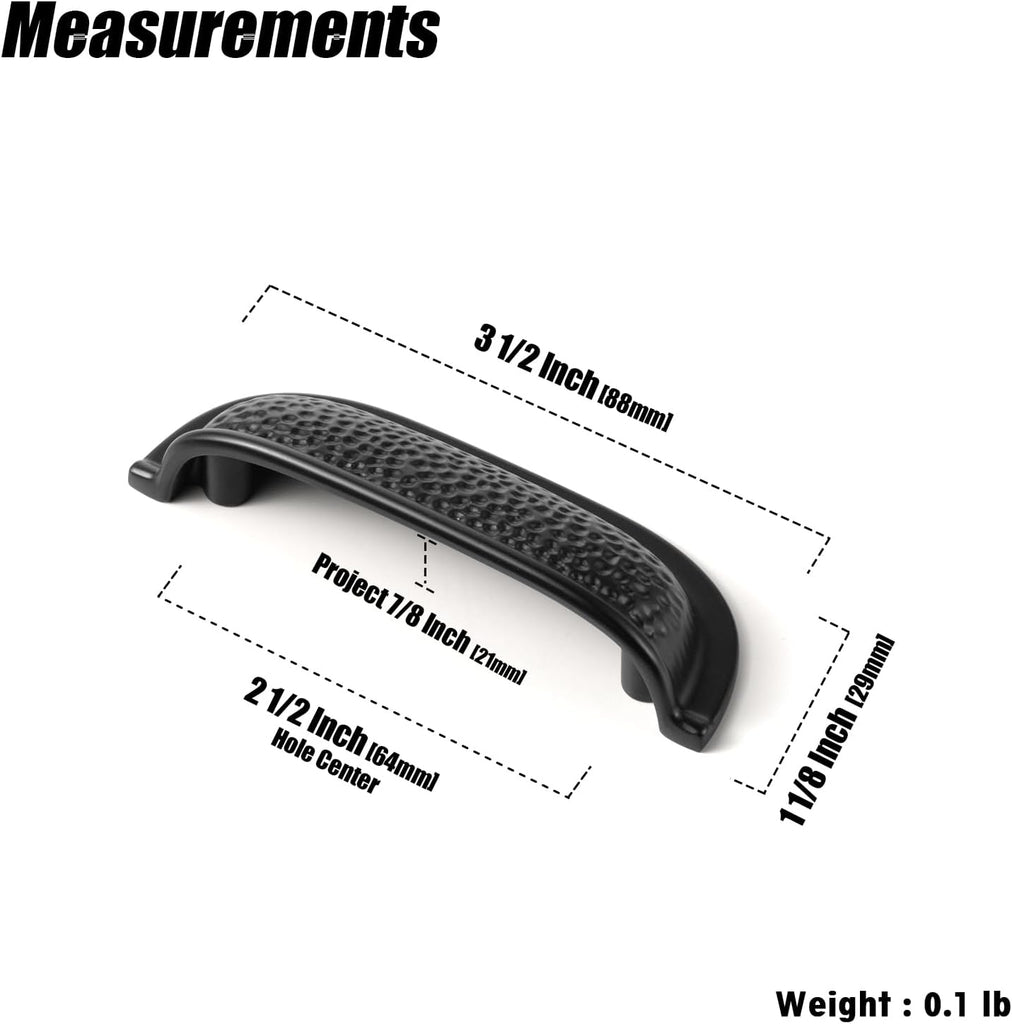 6 Pack 2 1/2 Inch Matte Black Cabinet Cup Pulls - Hammered Texture with Curved Edges, Elegant Modern Drawer Bin Handle