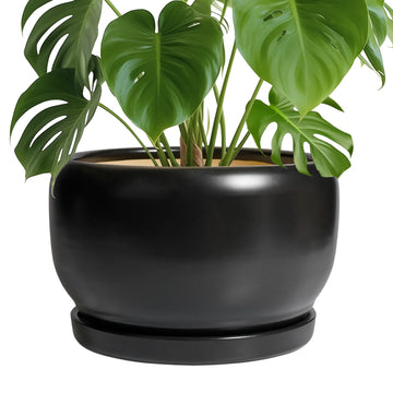 Ceramic Flower Pot - 10 Inch Planter with Drainage Hole and Saucer, Modern Large Plant Pot Indoor Outdoor, Decorative