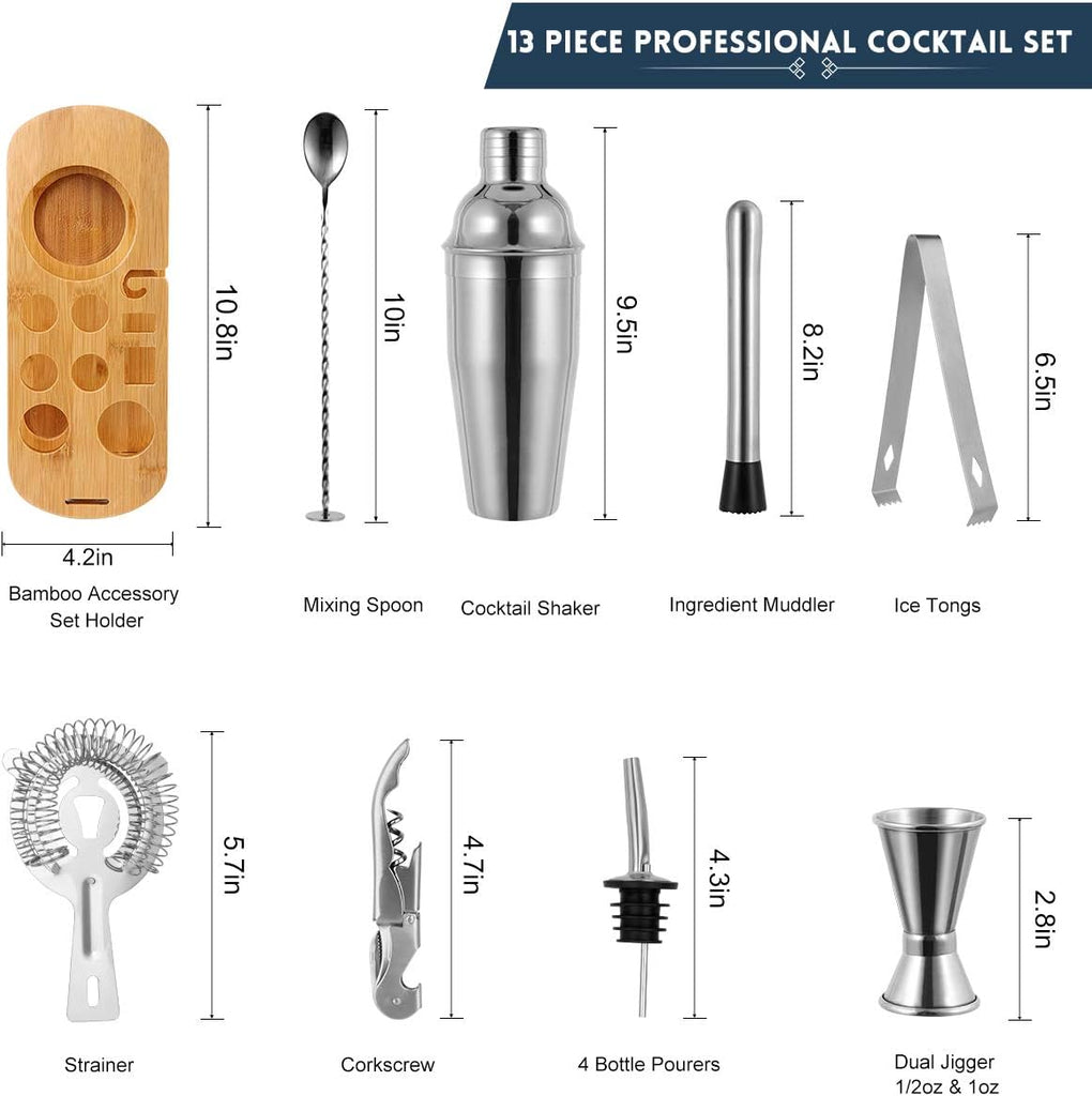 12-Piece Cocktail Shaker Set with Stand - 25oz Bartender Kit Including Shaker Jigger Muddler Bar Spoon Strainer Tongs - Set of 12