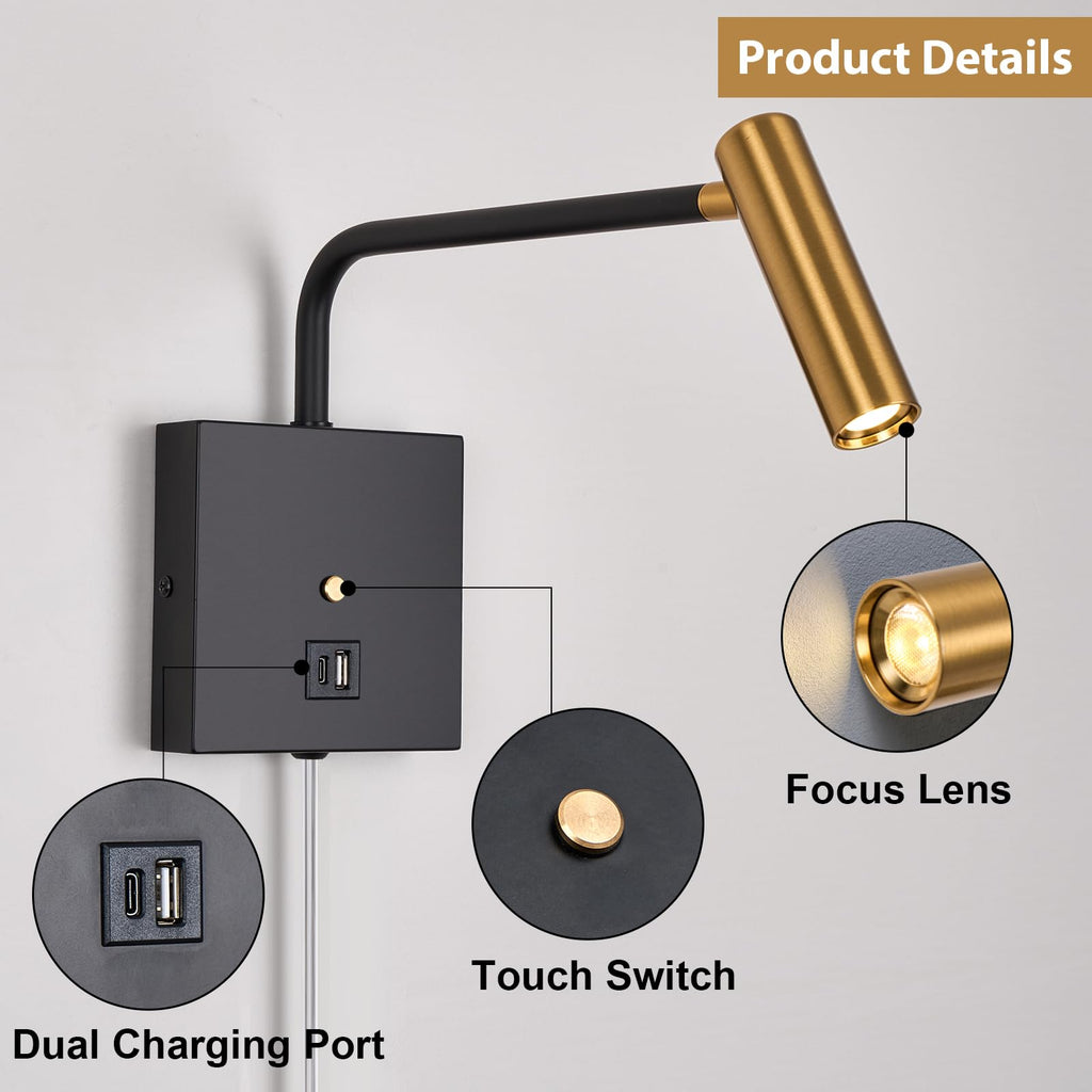 LED Wall Lamp Wall Mounted Reading Lights, Dimmable Adjustable Headboard Plug in Wall Sconce with USB C+A Ports