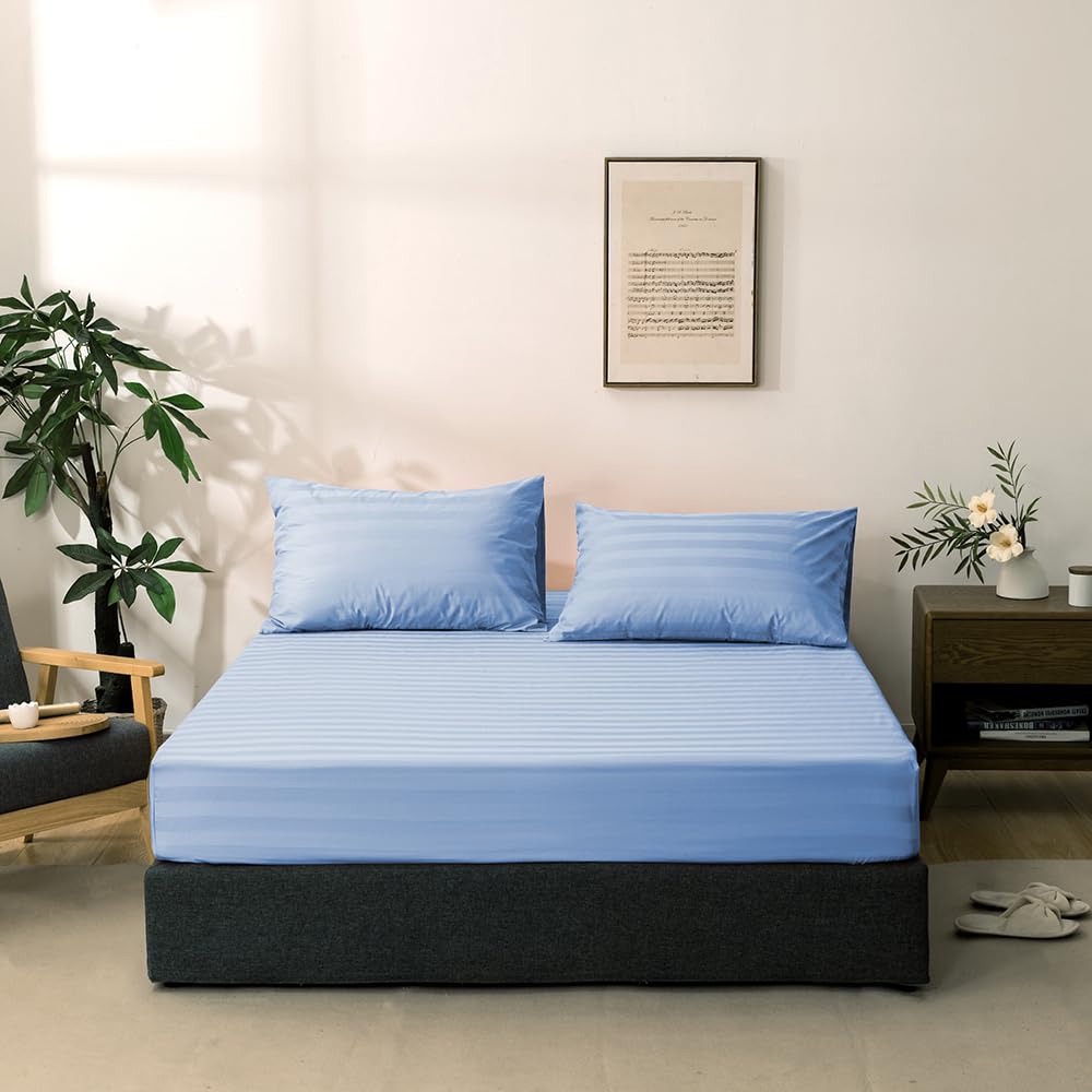 Twin Cotton Stripe Fitted Sheet & Pillowcase Set, 2 Piece, Blue