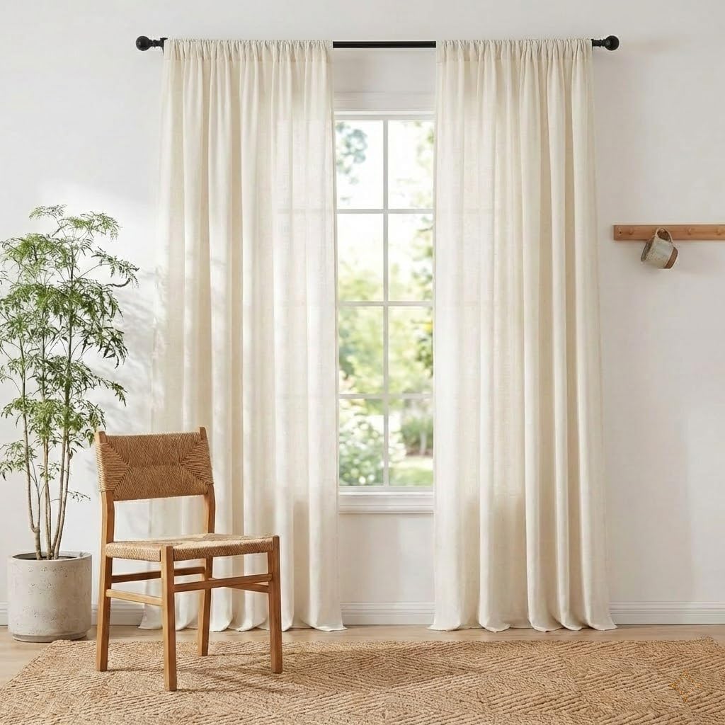 Natural Linen and polyester 102 inch Curtains, Back Tab & Rod Pocket with Pleat Tab Privacy Added with Light