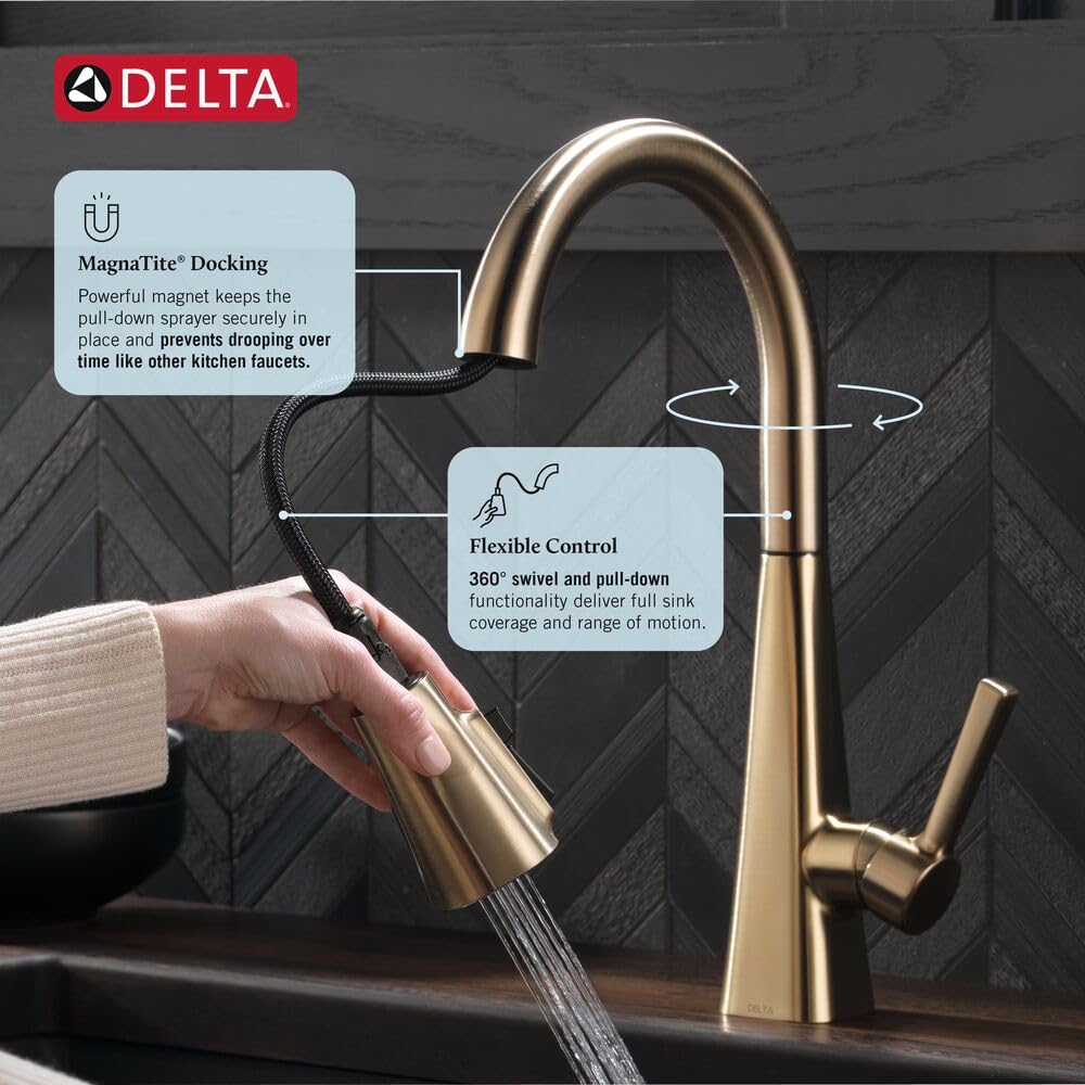 Lenta Brushed Gold Kitchen Faucet with Pull Down Sprayer, Modern Brushed Gold Single Hole Kitchen Sink Faucet, Single