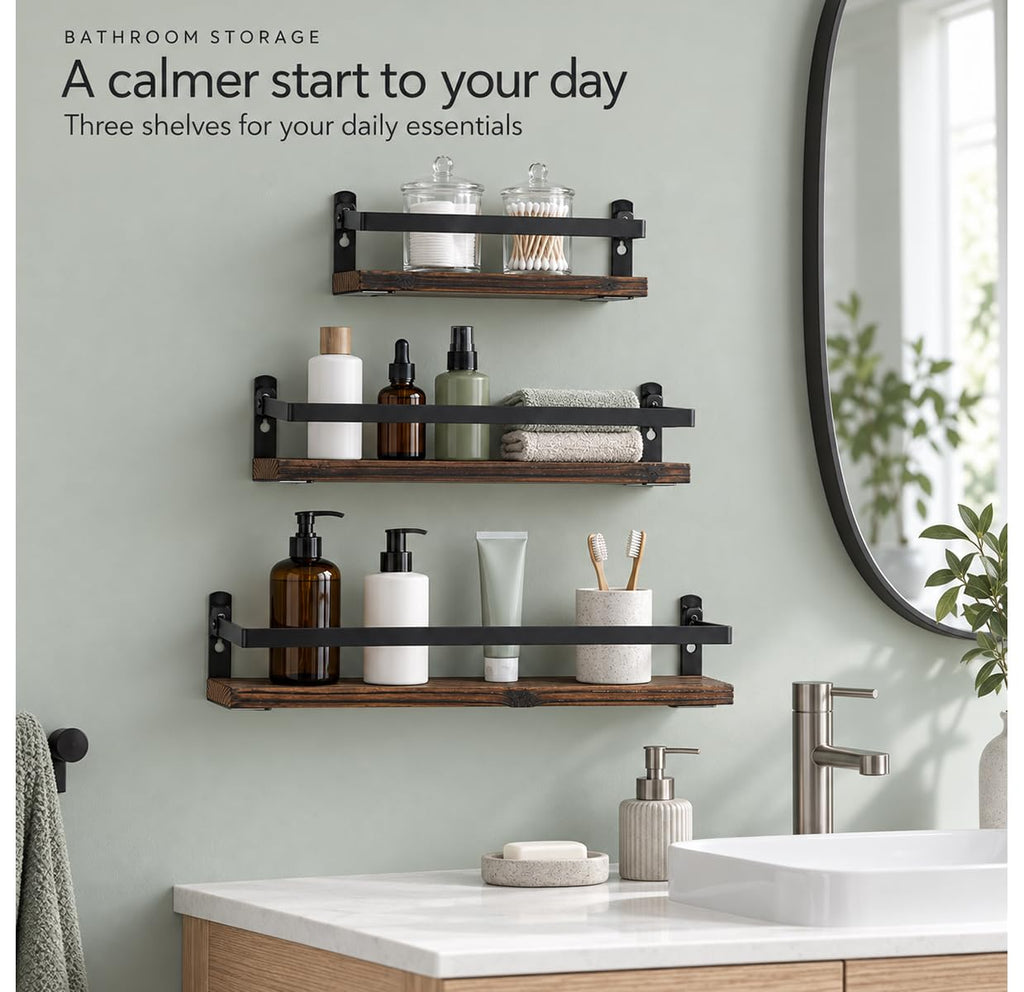 Wood Floating Shelves with Metal Guardrails, Set of 3, Brown