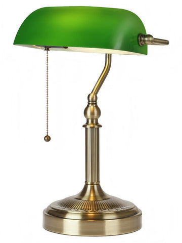 Green Glass Bankers Desk Lamp with Pull Chain Switch Plug