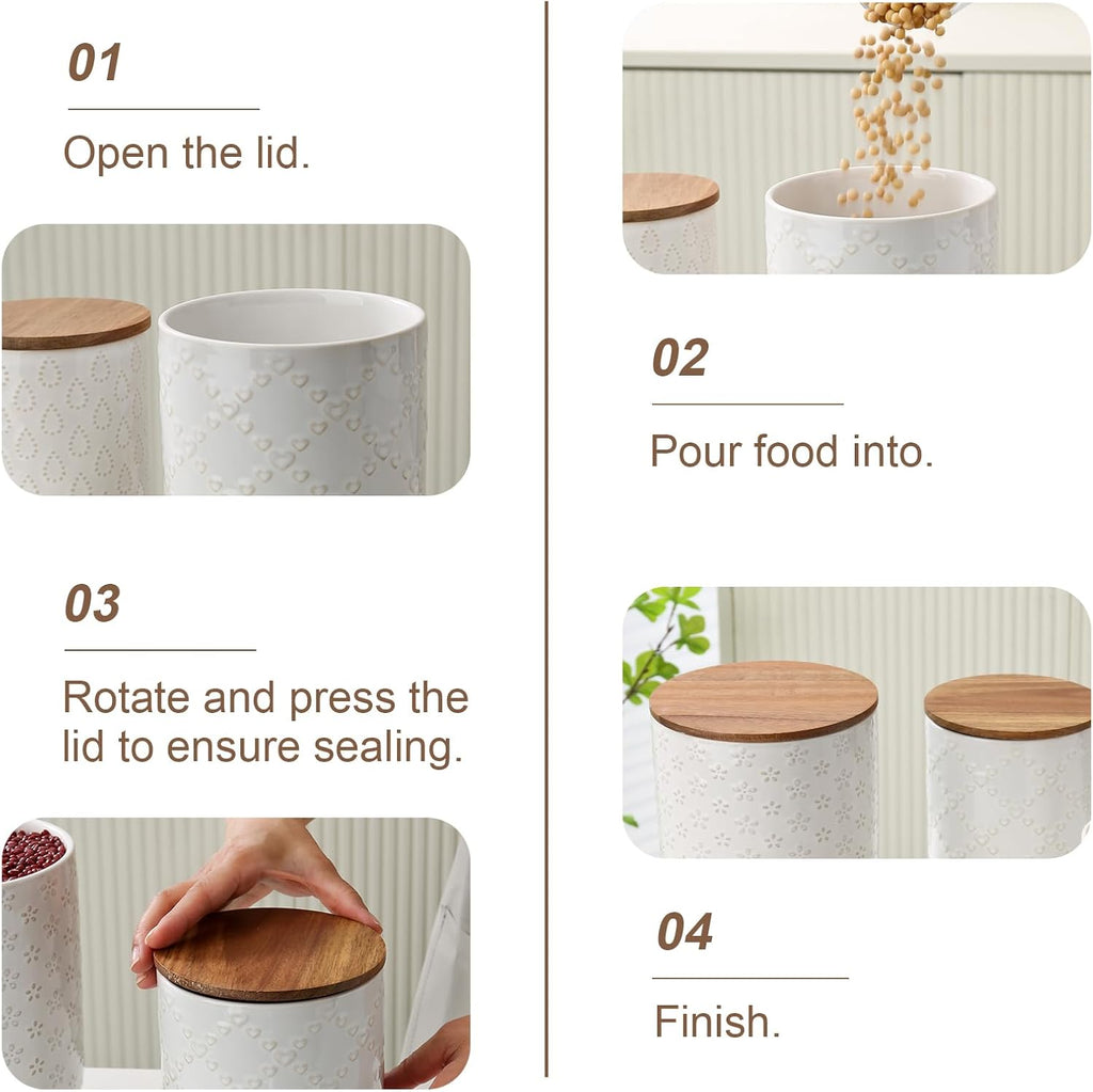 Canisters Sets for the Kitchen, White Ceramic Canister Set with Airtight Wood Lids, Embossed Food Storage Jars - Set of 3