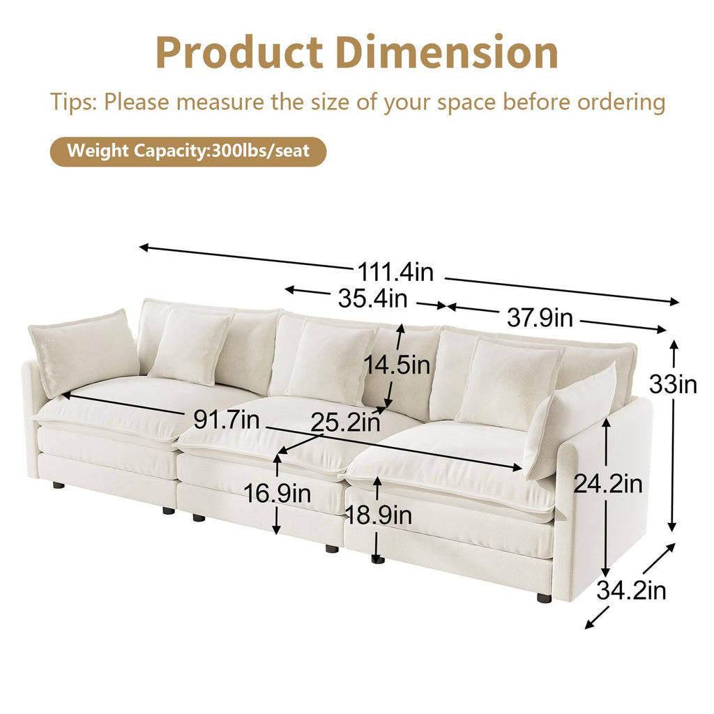 112" Beige Modular 3 Seater Cloud Sectional Couches