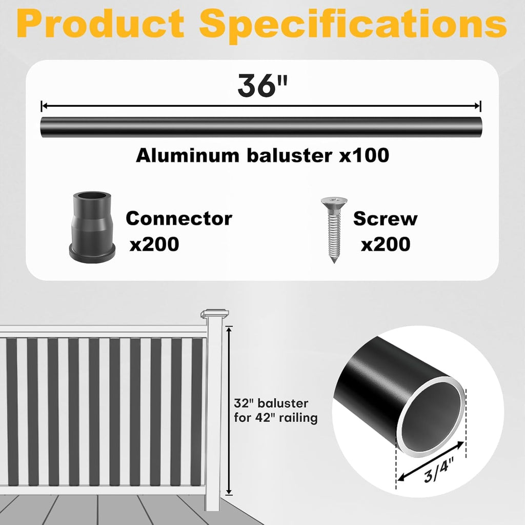 100 Pack 36" Aluminum Deck Balusters, 3/4" Diameter Black Metal Deck Spindles with Connectors and Screws, Hollow