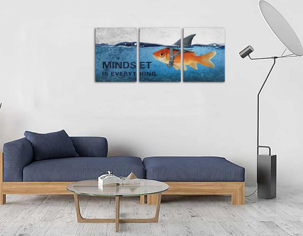 3 Panels Modern Framed Inspirational Canvas Wall Art Goldfish Body Strong Shark Heart Mindset is Everything