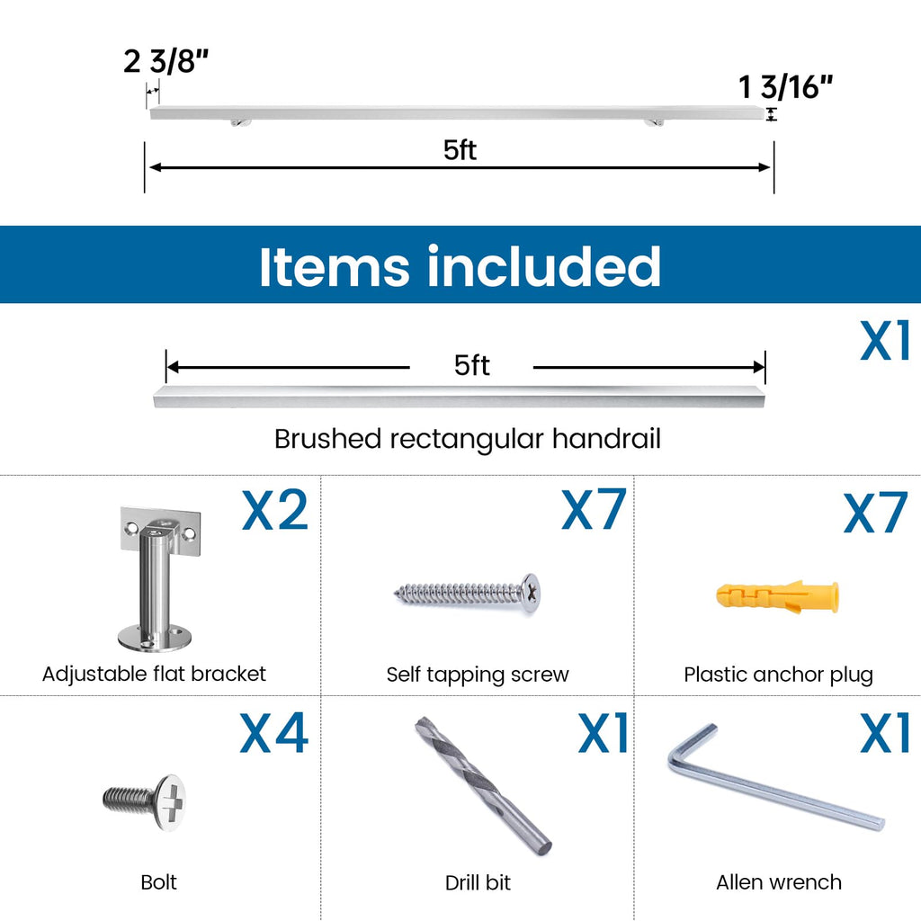 5FT Stainless Steel Stair Handrail Rectangular Wall-Mount HK28 SL4