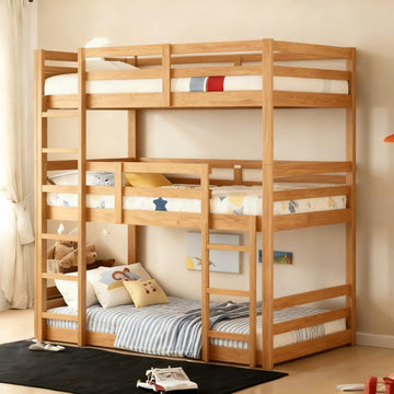 Triple Twin Bunk Bed, Solid Rubberwood 3-Tier Bed with 2 Ladders & Guardrails