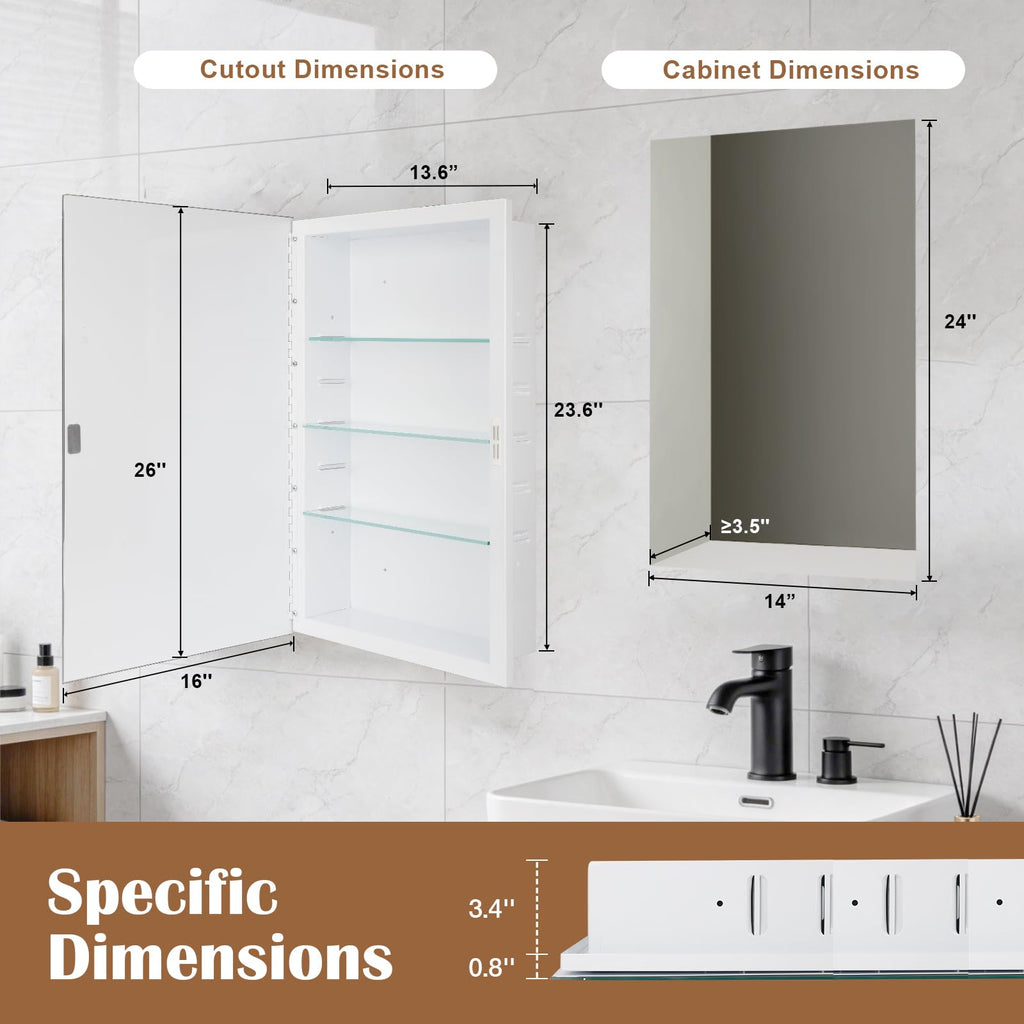 16x26'' Bathroom Medicine Cabinet Mirror with Storage, Surface Mount or Recessed Medicine Cabinet with 4-Tiered