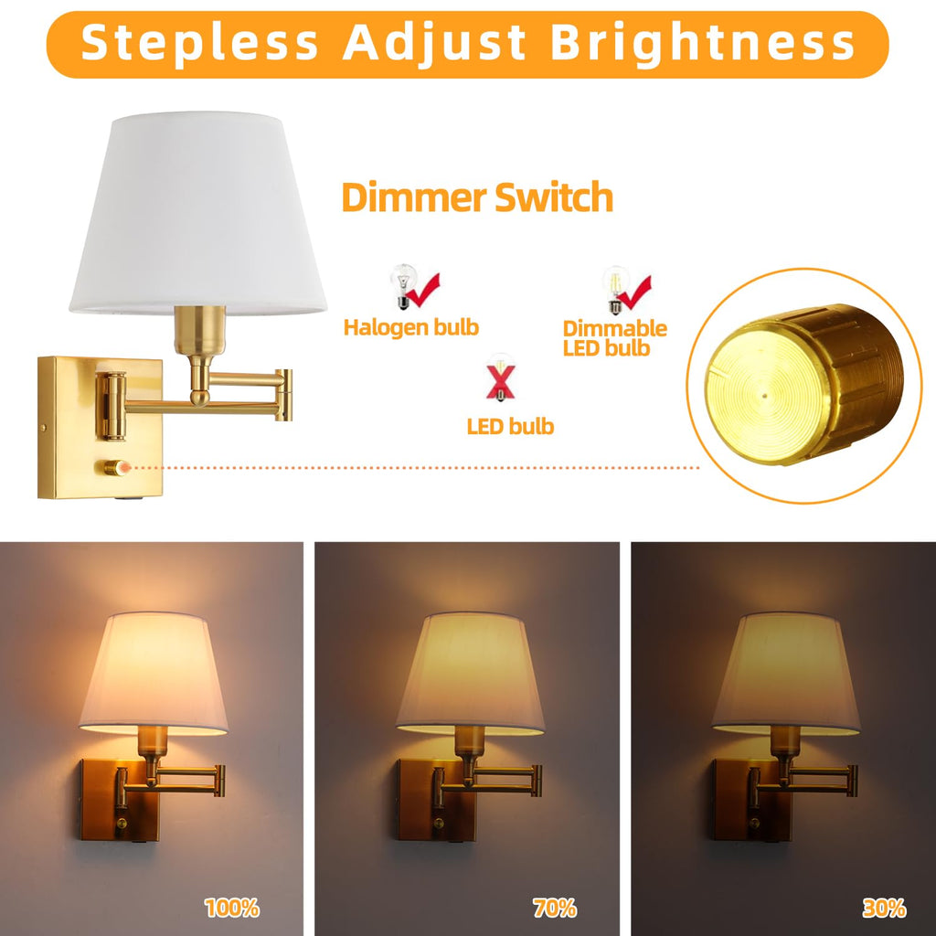 Gold Swing Arm Wall Lamp White Fabric Shade Plug in or Hardwired
