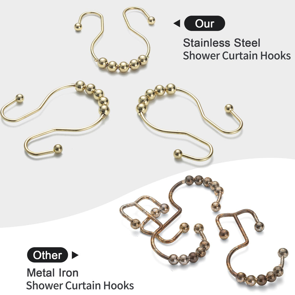 Shower Curtain Hooks, 12 Pcs Shower Curtain Rings, Stainless Steel Gold Shower Curtain Hooks, Rust Proof Shower