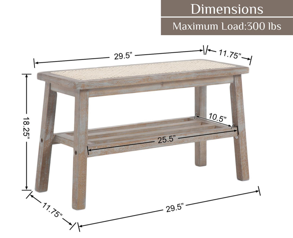 Rattan Entryway Bench with Shoe Rack Natural Wood Storage Bench Indoor Wicker 30 Inches Small Bench Farmhouse Cane