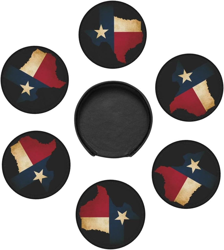 Texas Flag Coasters for Drinks with Holder Round Leather Coasters Cups Mugs Mat Pad Kitchen Bar - Set of 6