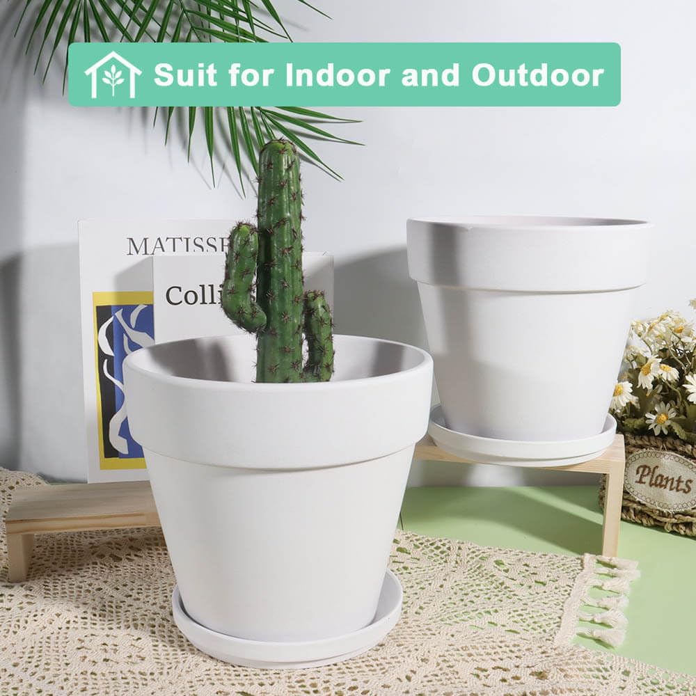 8 Inch White Terracotta & Clay Pots with Saucer, 2 Pack