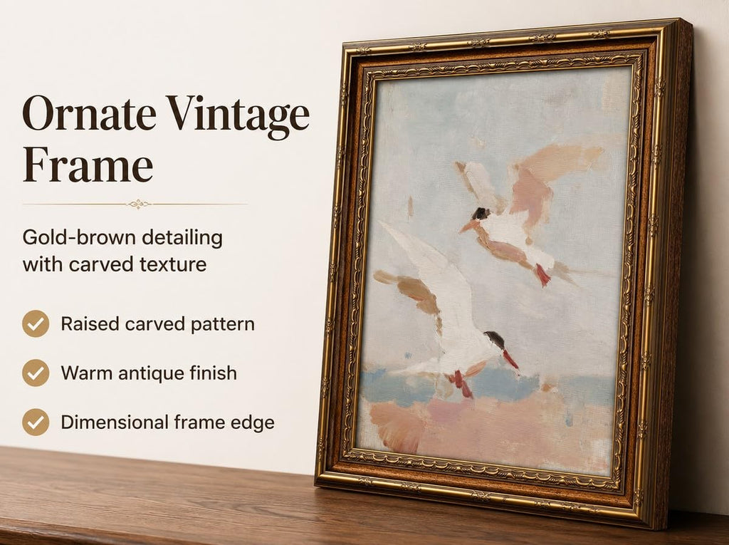 Vintage Coastal Seagulls Framed Wall Art-Beach Flying Birds Canvas Print Antique Nautical Wall Decor for Beach House
