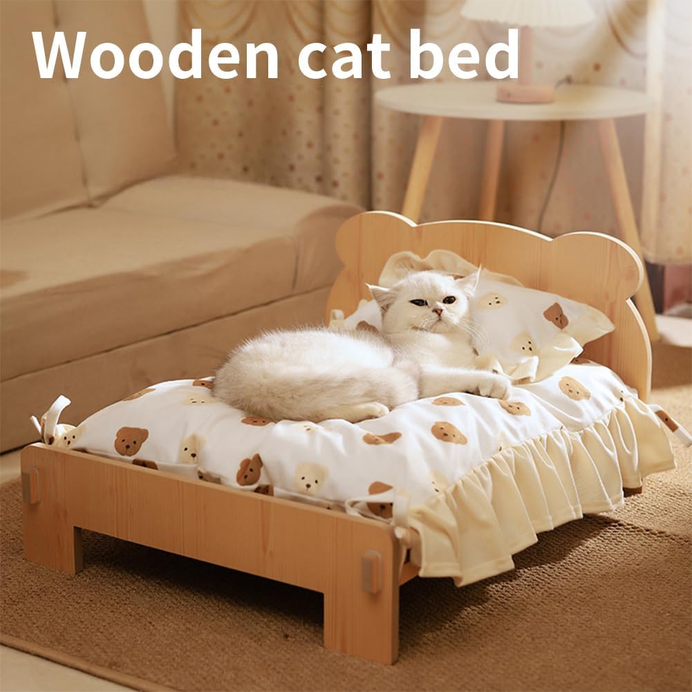 Wooden Bear-Shaped Cat Bed for Indoor Cats & Small Dogs - Removable Washable Elevated Pet Sofa with Frame, Princess