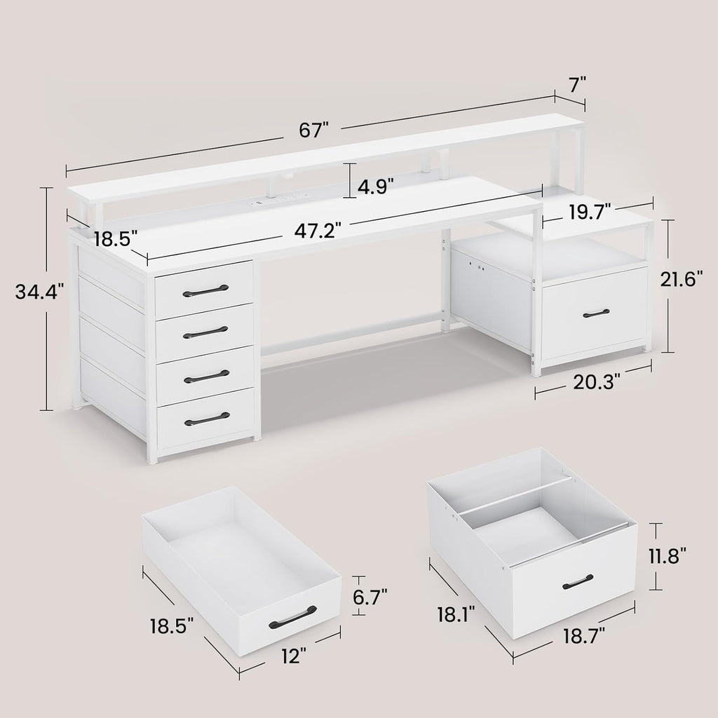 White Computer Desk with 5 Drawer & Power Outlet, 66'' Home Office Desk with File Drawer, Storage Shelves
